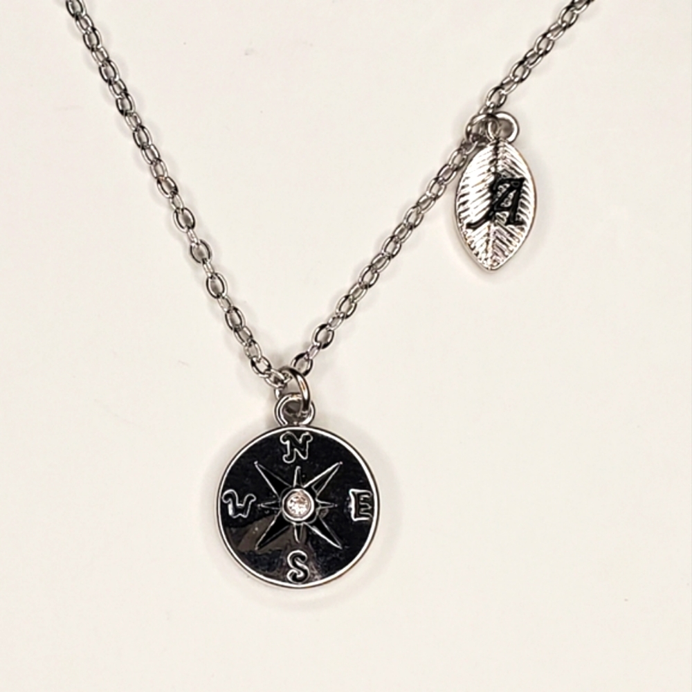 Necklace with Compass Charm and a Feather with Initial A